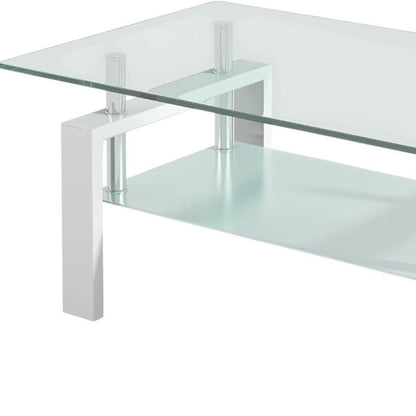 39" Clear and White Glass and Steel Coffee Table With Shelf HomeRoots