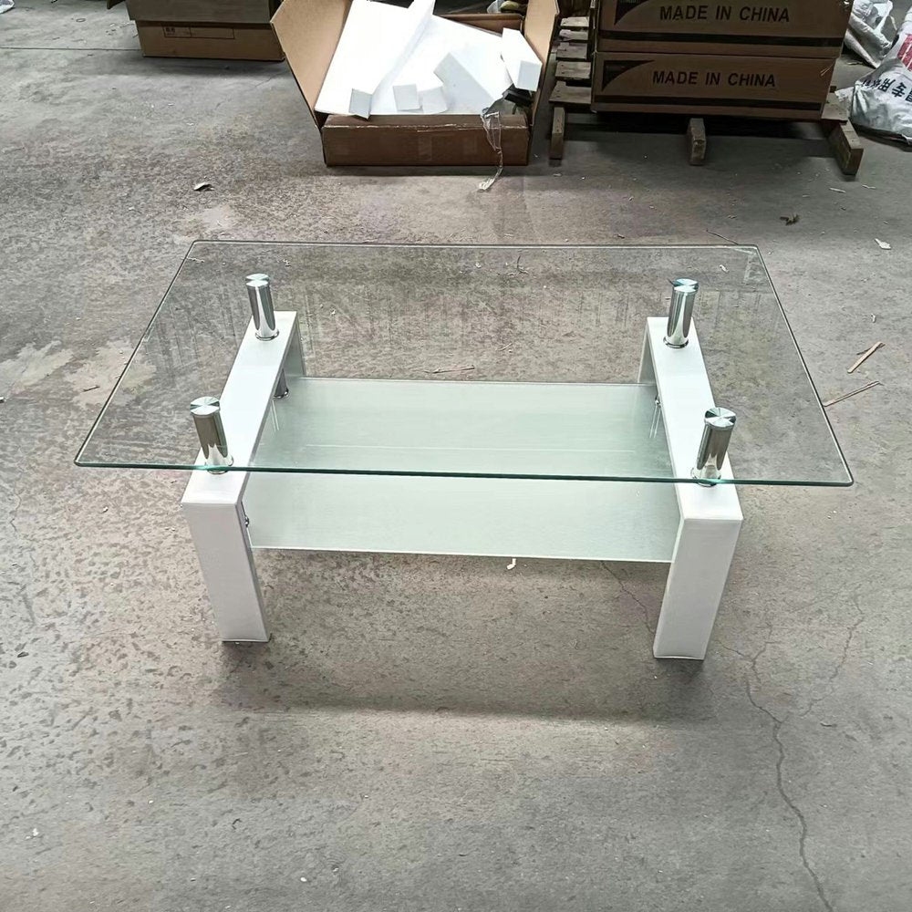 39" Clear and White Glass and Steel Coffee Table With Shelf HomeRoots