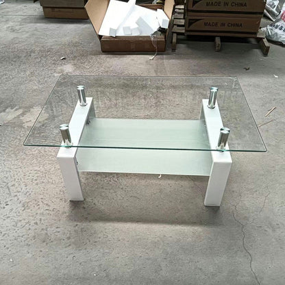 39" Clear and White Glass and Steel Coffee Table With Shelf HomeRoots