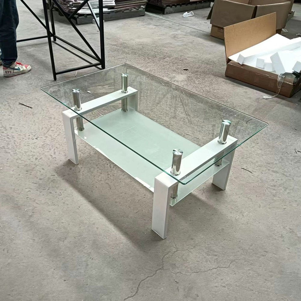 39" Clear and White Glass and Steel Coffee Table With Shelf HomeRoots