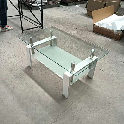39" Clear and White Glass and Steel Coffee Table With Shelf HomeRoots