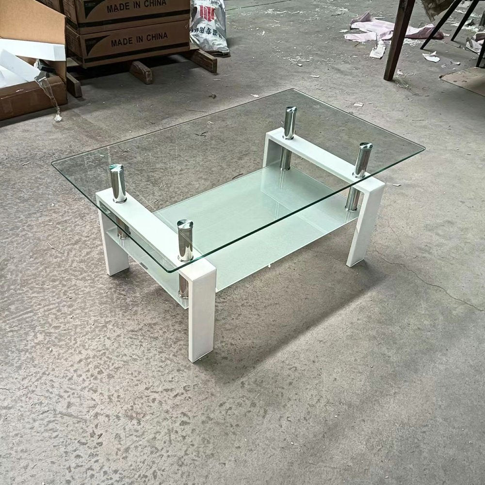39" Clear and White Glass and Steel Coffee Table With Shelf HomeRoots