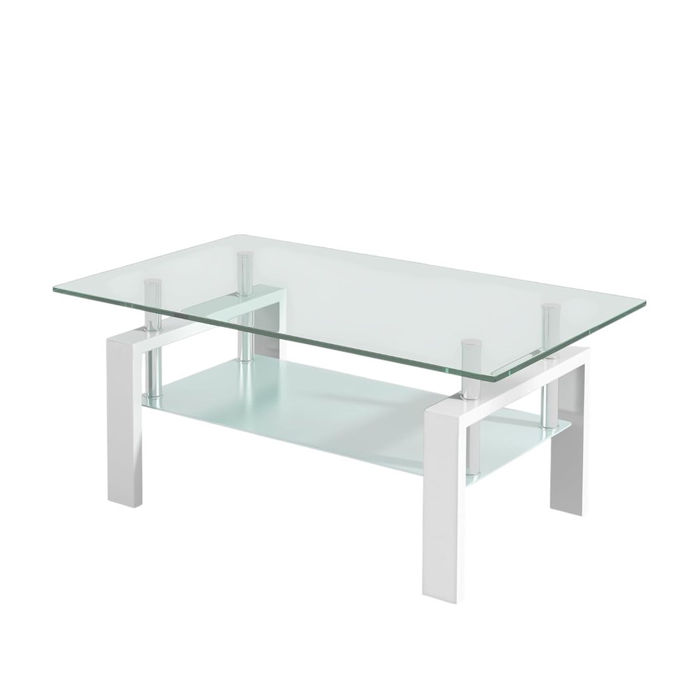 39" Clear and White Glass and Steel Coffee Table With Shelf HomeRoots