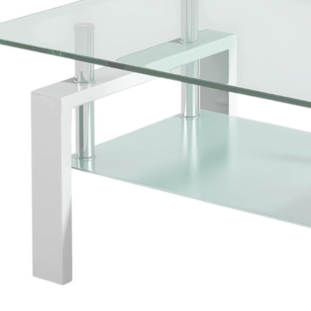 39" Clear and White Glass and Steel Coffee Table With Shelf HomeRoots