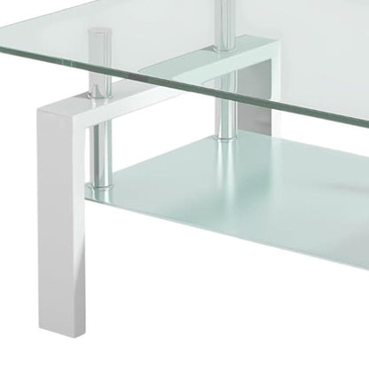 39" Clear and White Glass and Steel Coffee Table With Shelf HomeRoots