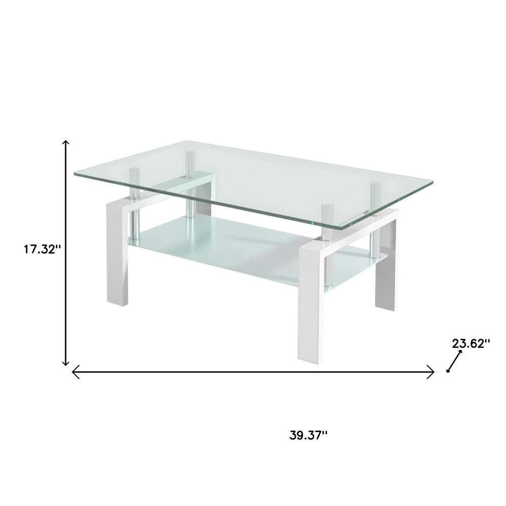 39" Clear and White Glass and Steel Coffee Table With Shelf HomeRoots