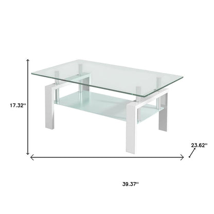 39" Clear and White Glass and Steel Coffee Table With Shelf HomeRoots