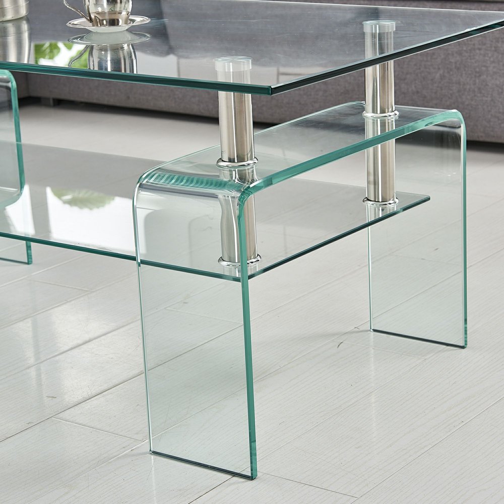 39" Clear Glass Coffee Table With Shelf HomeRoots