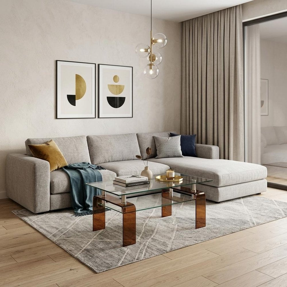 39" Clear and Brown Glass Coffee Table With Shelf HomeRoots
