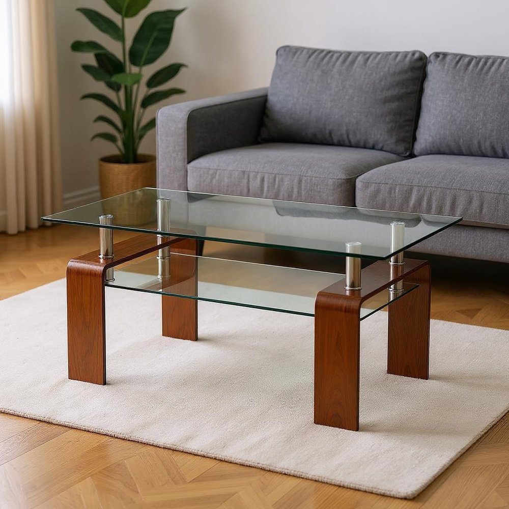 39" Clear and Brown Glass Coffee Table With Shelf HomeRoots