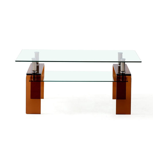 39" Clear and Brown Glass Coffee Table With Shelf