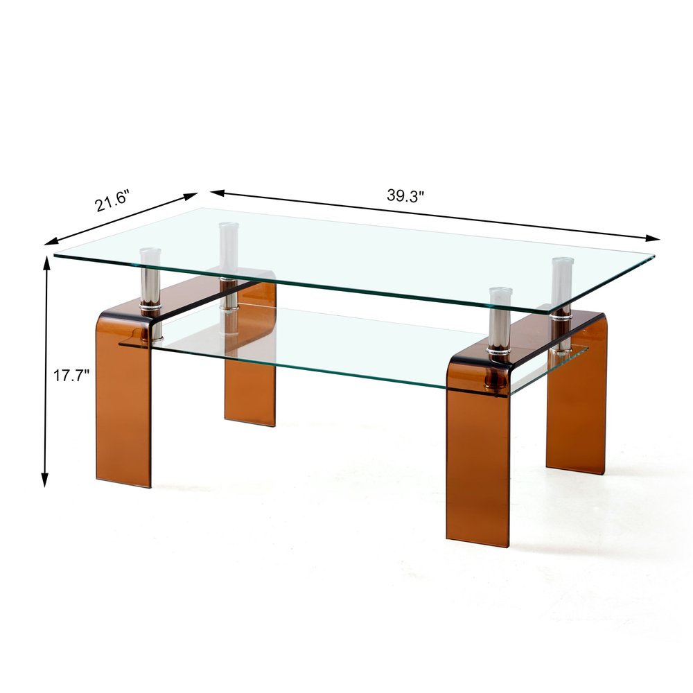 39" Clear and Brown Glass Coffee Table With Shelf HomeRoots