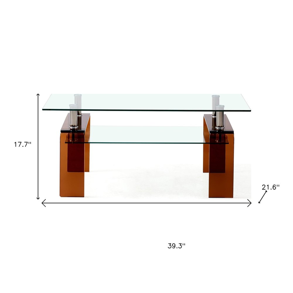 39" Clear and Brown Glass Coffee Table With Shelf HomeRoots
