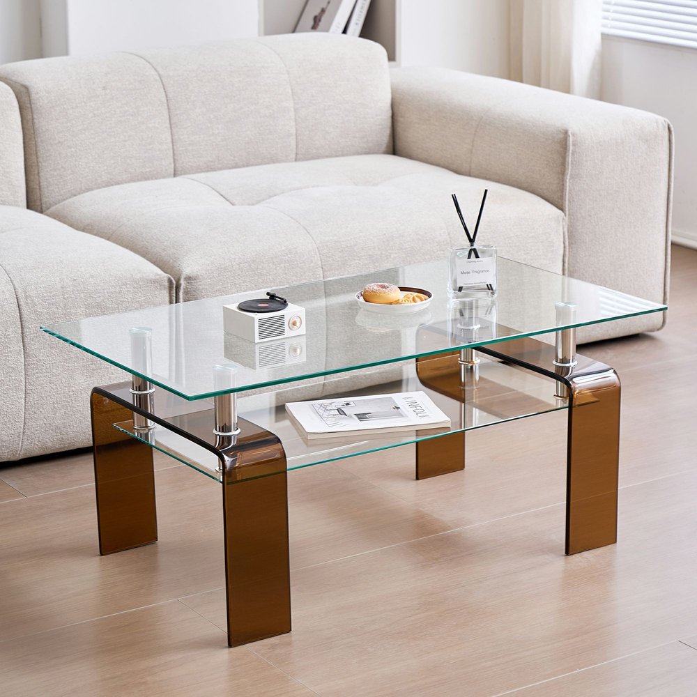 39" Clear and Brown Glass Coffee Table With Shelf HomeRoots