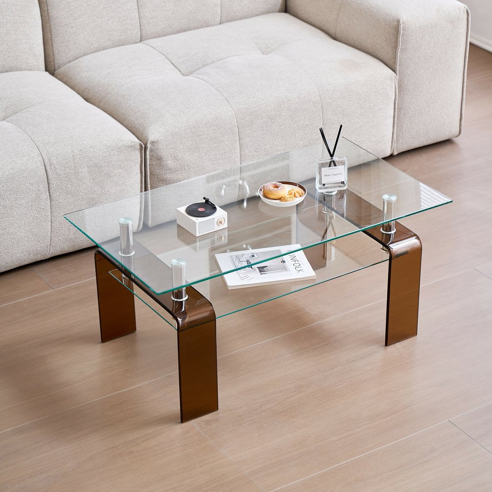 39" Clear and Brown Glass Coffee Table With Shelf HomeRoots