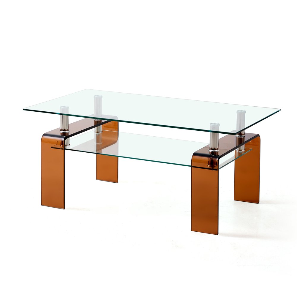 39" Clear and Brown Glass Coffee Table With Shelf — view 2