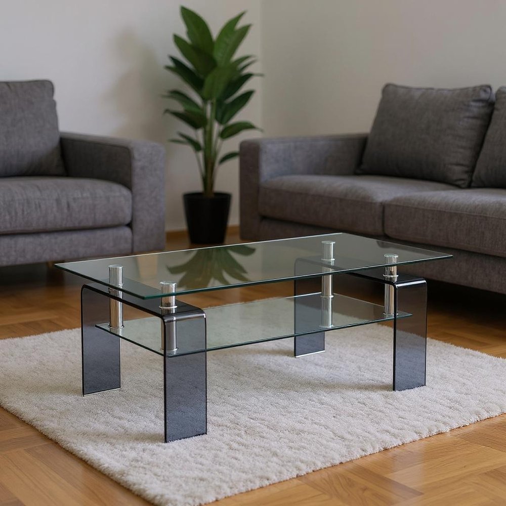 39" Clear and Black Glass Coffee Table With Shelf HomeRoots
