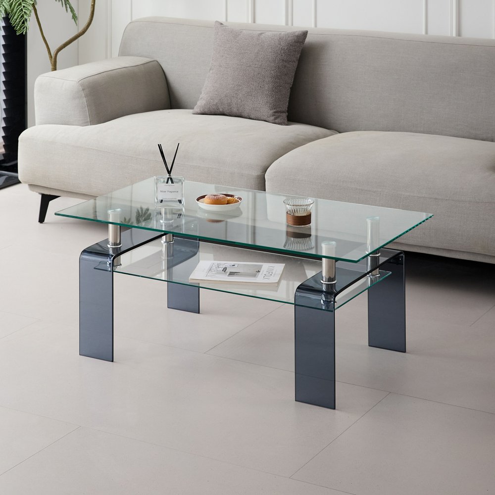 39" Clear and Black Glass Coffee Table With Shelf HomeRoots