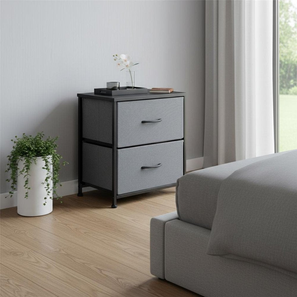20" Black Iron and Wood Woven Texture Two Drawer Nightstand — view 4