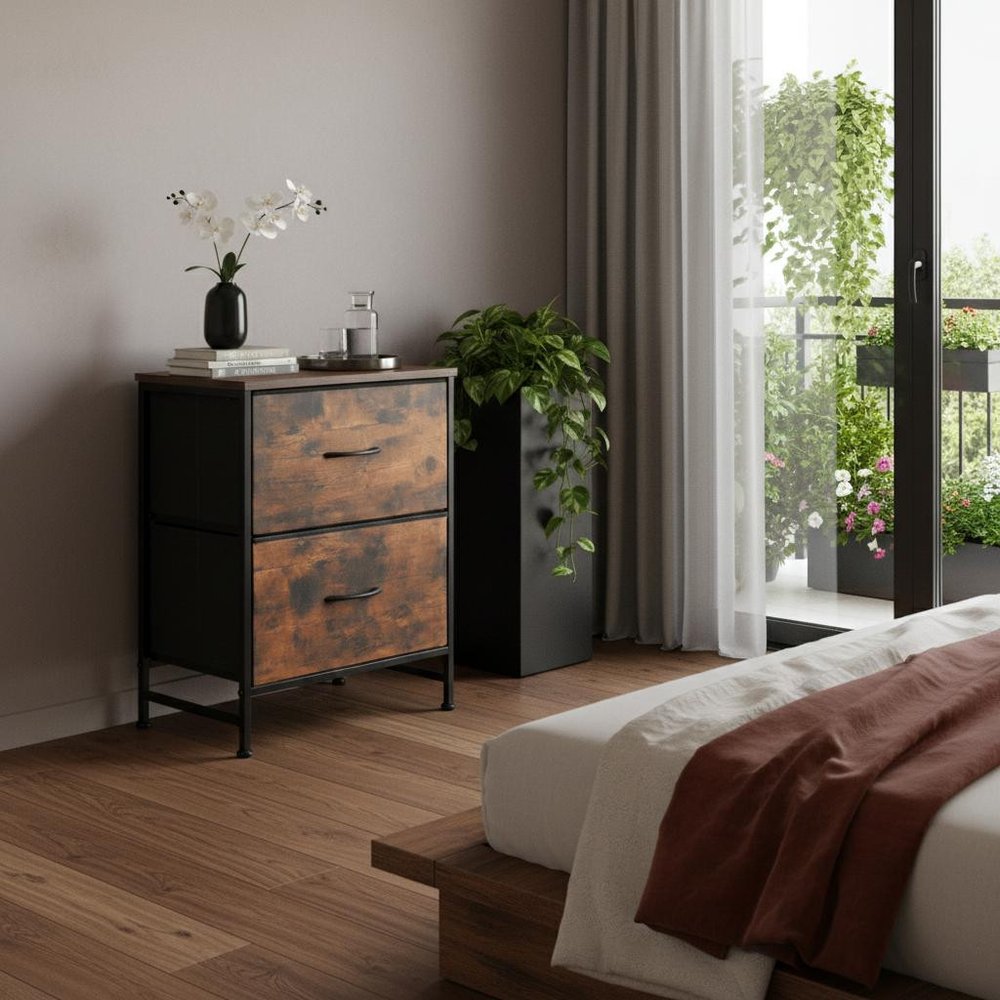 25" Black Iron and Wood Distressed Two Drawer Nightstand — view 4