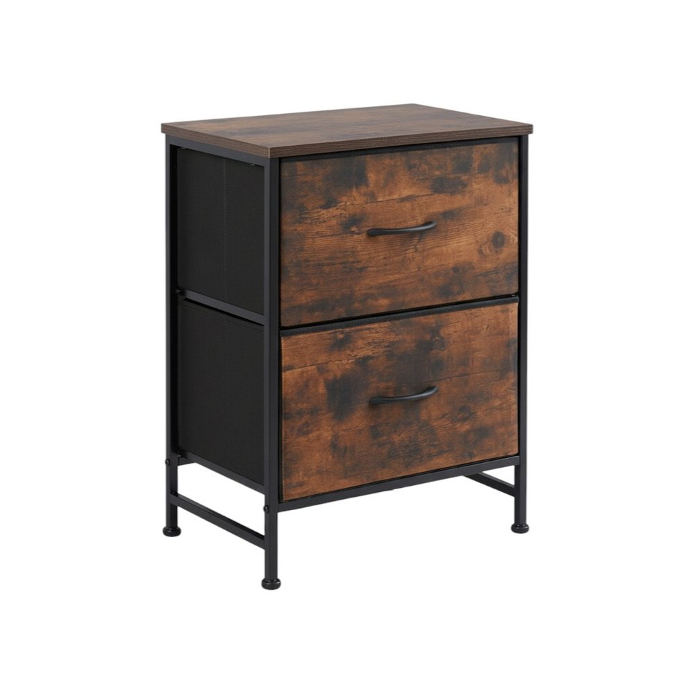 25" Black Iron and Wood Distressed Two Drawer Nightstand — view 1