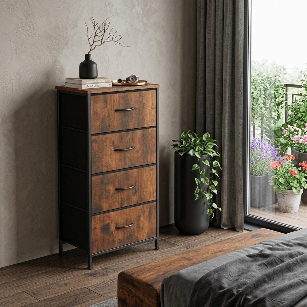 18" Black And Brown Wood Steel And Fabric Four Drawer Dresser