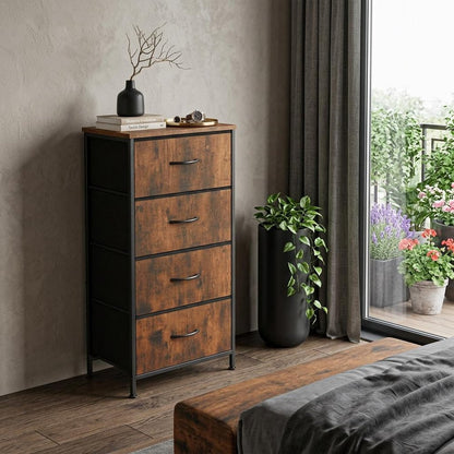 18" Black And Brown Wood Steel And Fabric Four Drawer Dresser