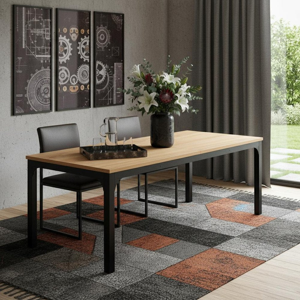 46" Natural and Black Wood and Iron Dining Table