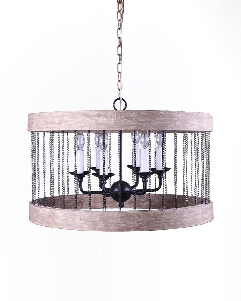 Black And Natural Wood and Metal Cylinder Six Light Dimmable Chandelier HomeRoots