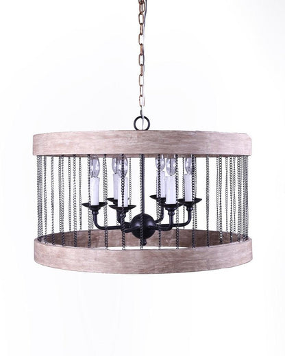 Black And Natural Wood and Metal Cylinder Six Light Dimmable Chandelier HomeRoots