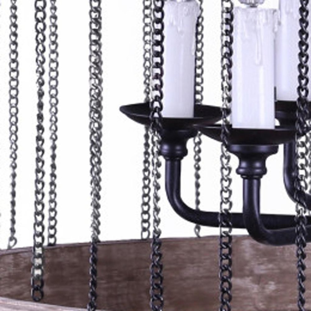 Black And Natural Wood and Metal Cylinder Six Light Dimmable Chandelier HomeRoots