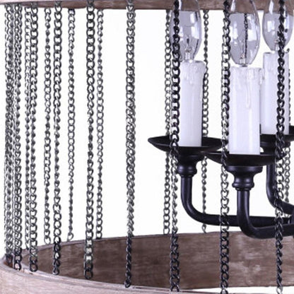 Black And Natural Wood and Metal Cylinder Six Light Dimmable Chandelier HomeRoots