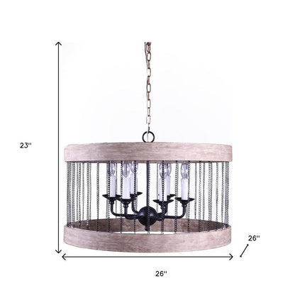 Black And Natural Wood and Metal Cylinder Six Light Dimmable Chandelier HomeRoots