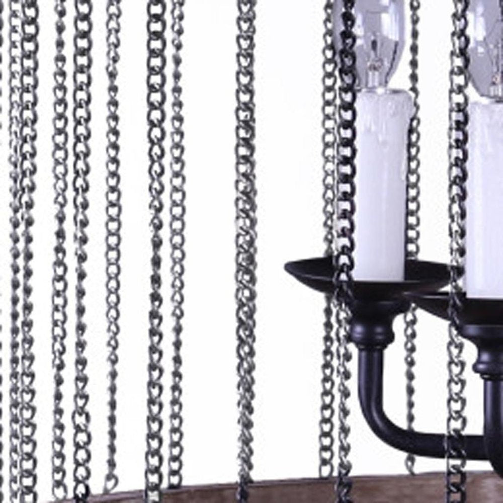 Black And Natural Wood and Metal Cylinder Six Light Dimmable Chandelier HomeRoots