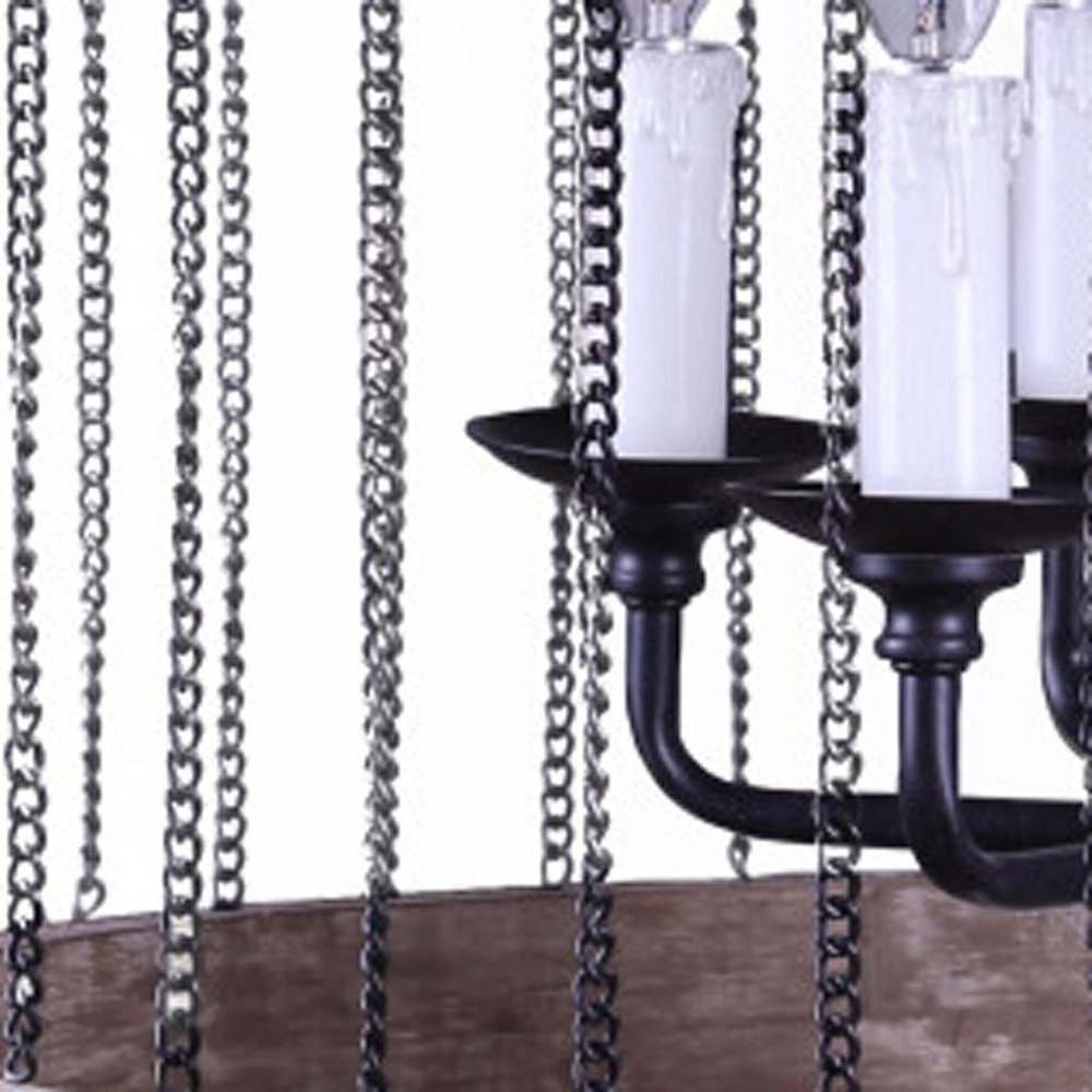 Black And Natural Wood and Metal Cylinder Six Light Dimmable Chandelier HomeRoots