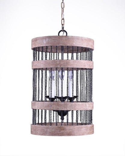 Black And Natural Wood and Metal Cylinder Three Light Dimmable Chandelier HomeRoots