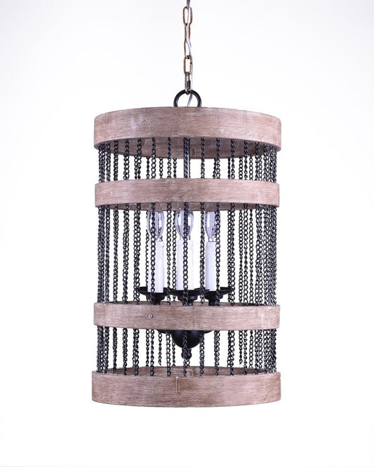 Black And Natural Wood and Metal Cylinder Three Light Dimmable Chandelier HomeRoots