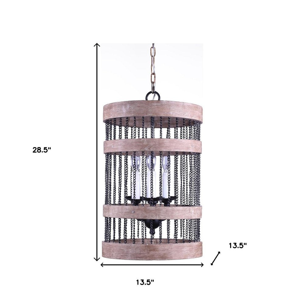 Black And Natural Wood and Metal Cylinder Three Light Dimmable Chandelier HomeRoots
