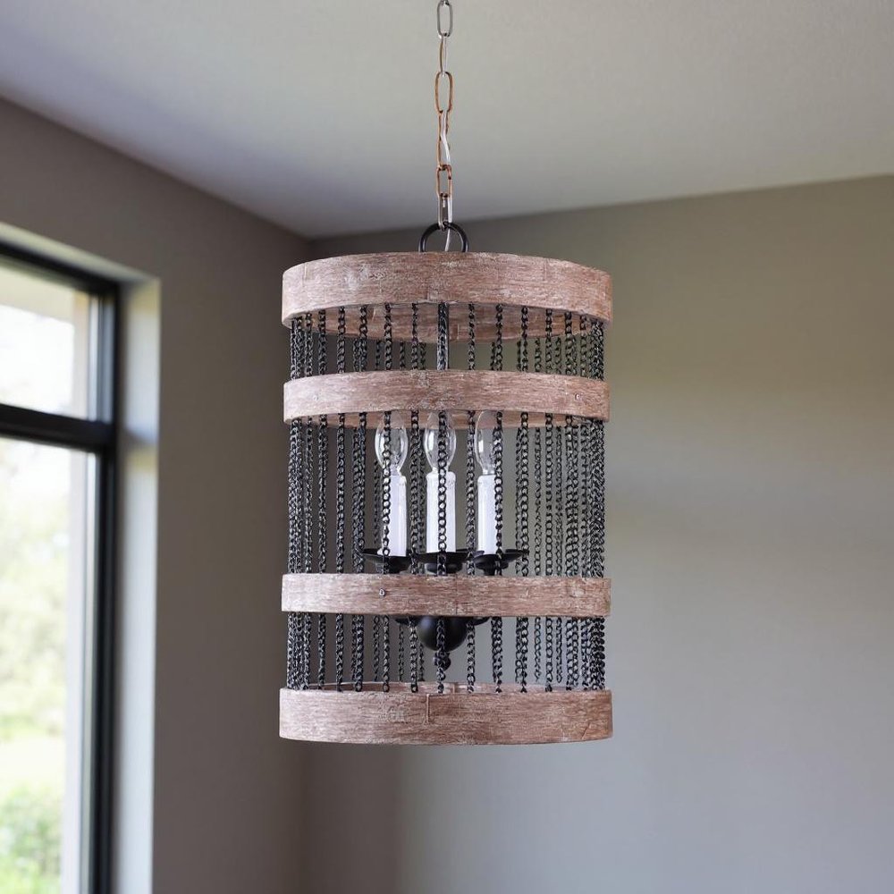 Black And Natural Wood and Metal Cylinder Three Light Dimmable Chandelier HomeRoots