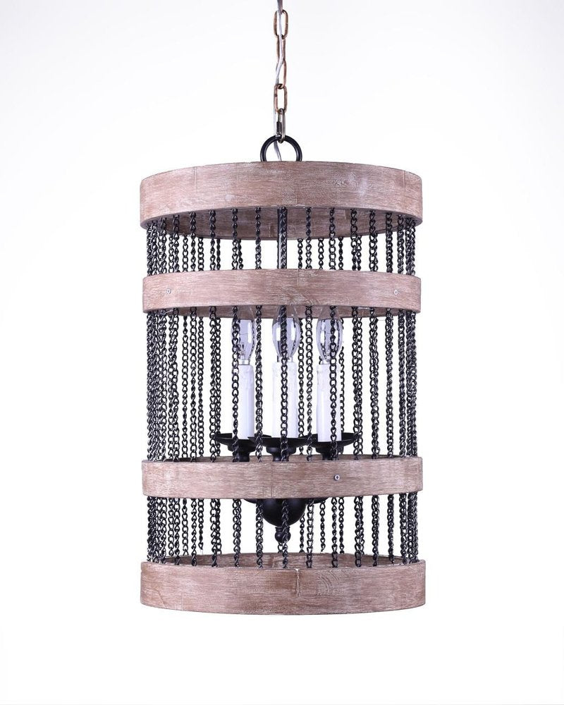 Black And Natural Wood and Metal Cylinder Three Light Dimmable Chandelier HomeRoots
