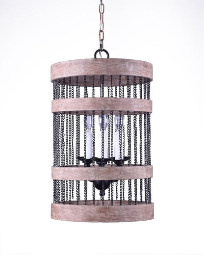 Black And Natural Wood and Metal Cylinder Three Light Dimmable Chandelier HomeRoots