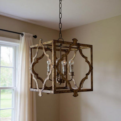 Antiqued Bronze Square And Quatrefoil Metal Dimmable Chandelier HomeRoots