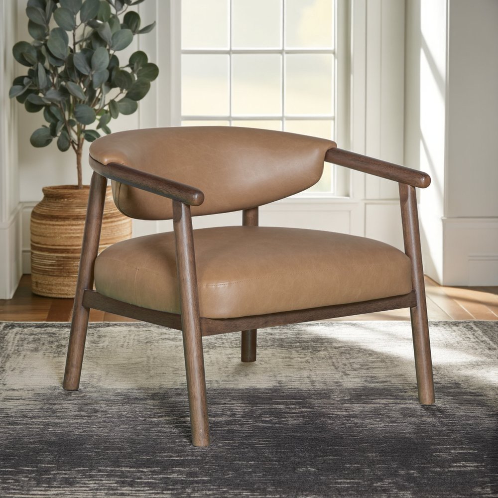 33" Brown and Dark Brown Faux Leather And Wood Arm Chair HomeRoots