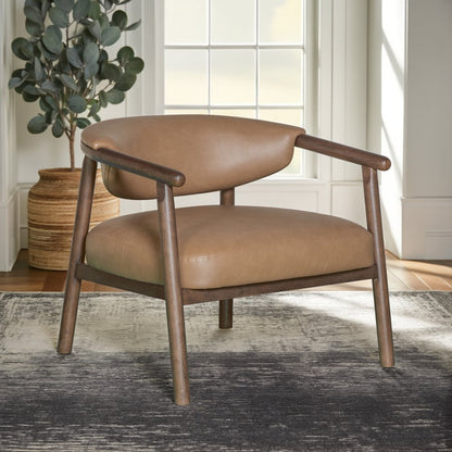 33" Brown and Dark Brown Faux Leather And Wood Arm Chair HomeRoots