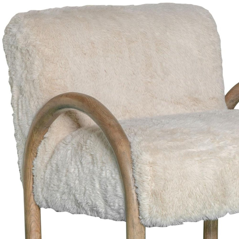 30" Off White and Natural Faux Fur And Wood Arm Chair HomeRoots
