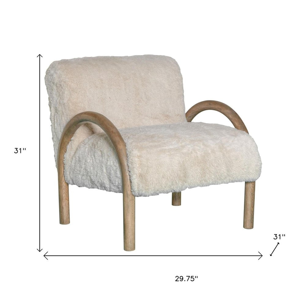30" Off White and Natural Faux Fur And Wood Arm Chair HomeRoots