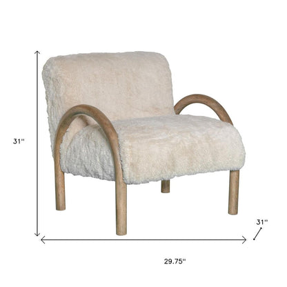 30" Off White and Natural Faux Fur And Wood Arm Chair HomeRoots
