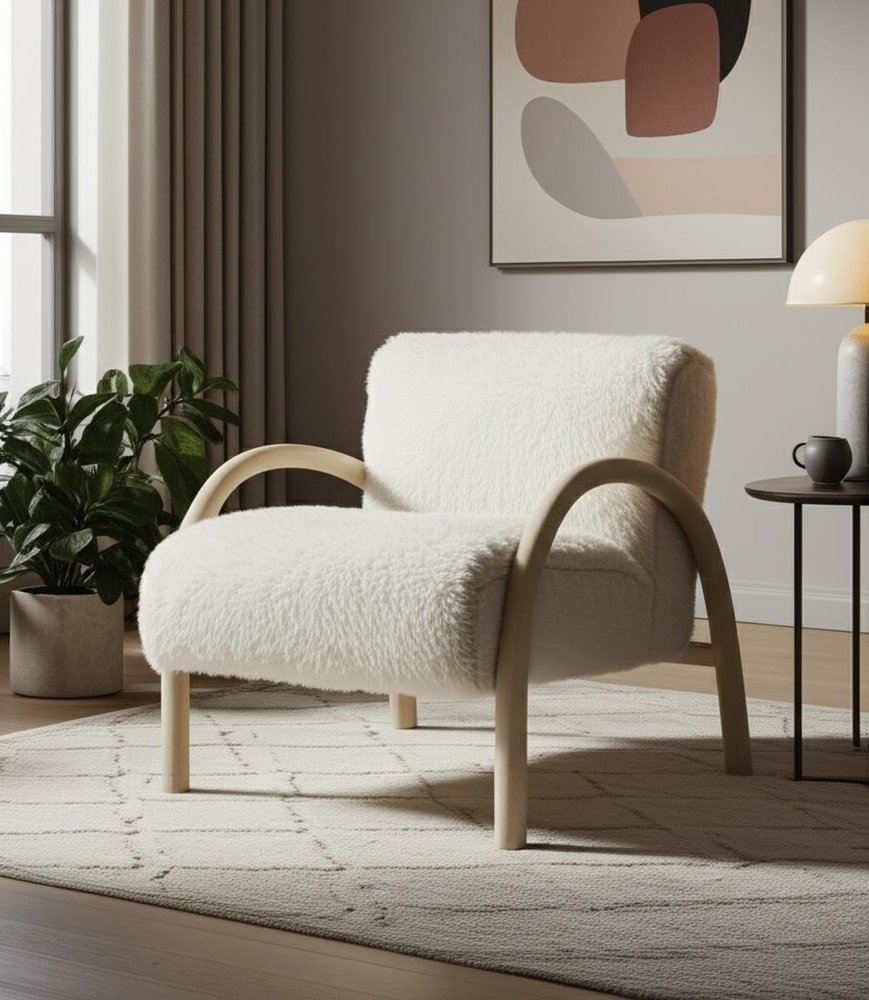 30" Off White and Natural Faux Fur And Wood Arm Chair HomeRoots