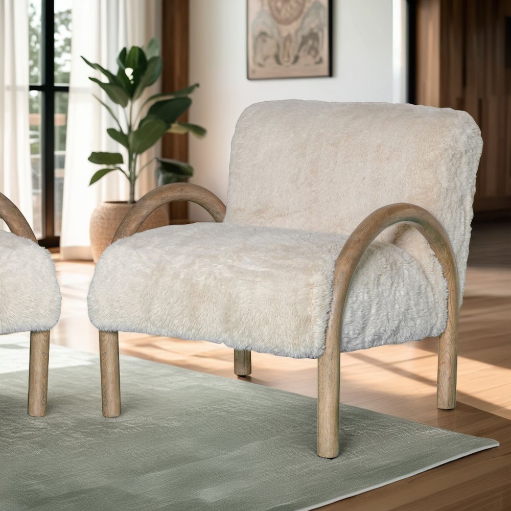 30" Off White and Natural Faux Fur And Wood Arm Chair HomeRoots