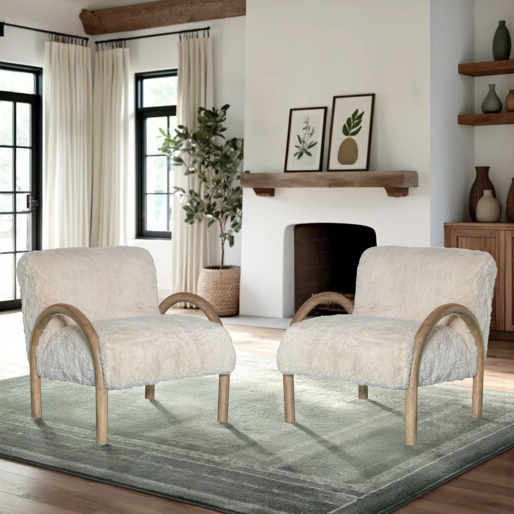 30" Off White and Natural Faux Fur And Wood Arm Chair HomeRoots